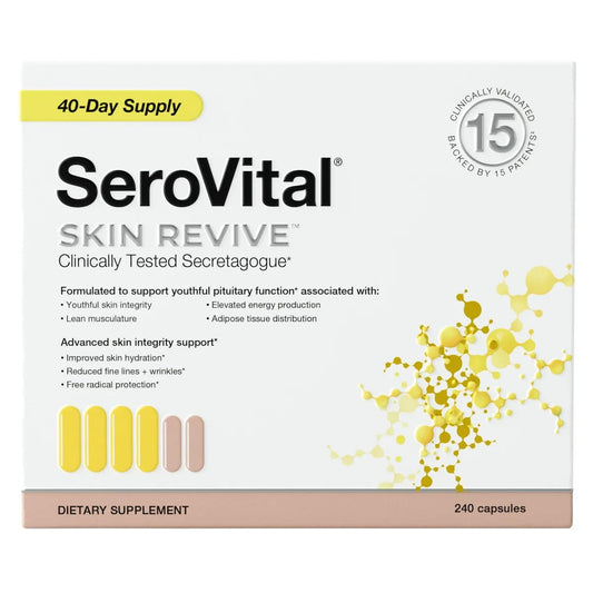 Serovital envase frontal mostrando cápsulas y marca, beneficio de soporte cutáneo