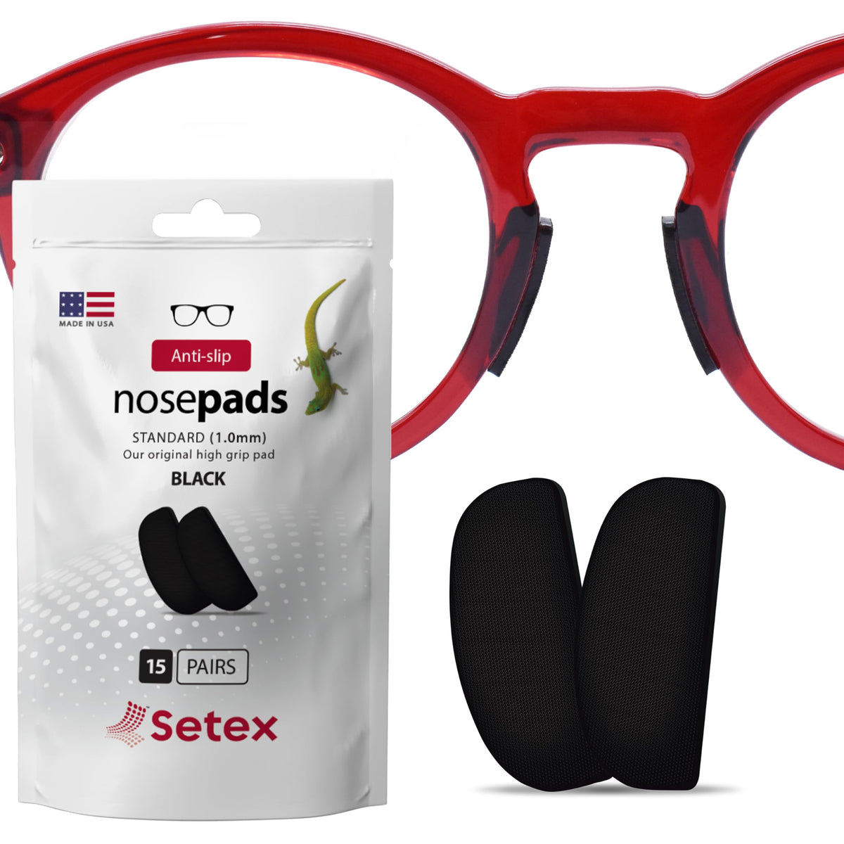 Setex frontal del paquete mostrando 15 pares y beneficio antideslizante