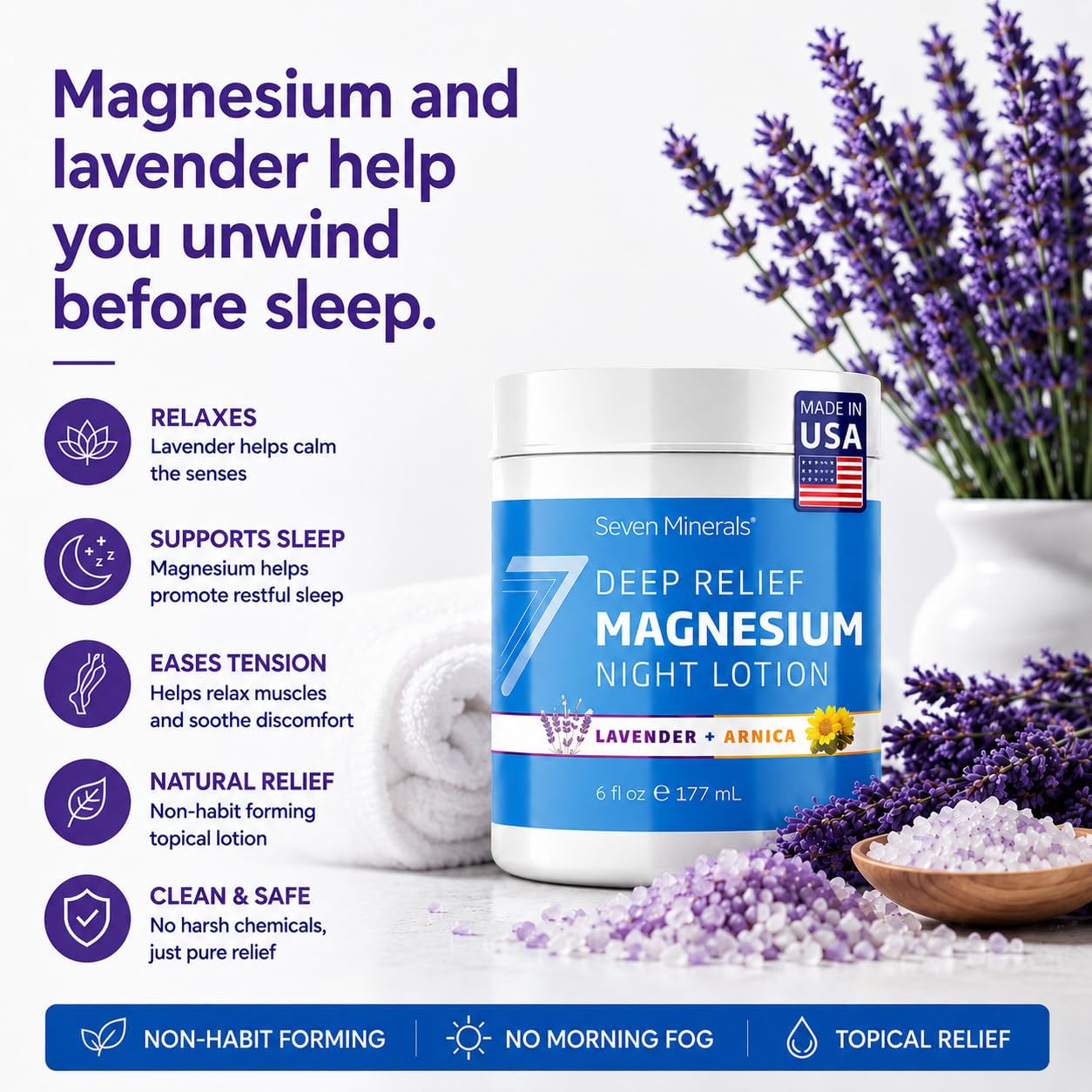 Seven Minerals etiqueta con ingredientes reales como magnesio, lavanda y árnica para transparencia