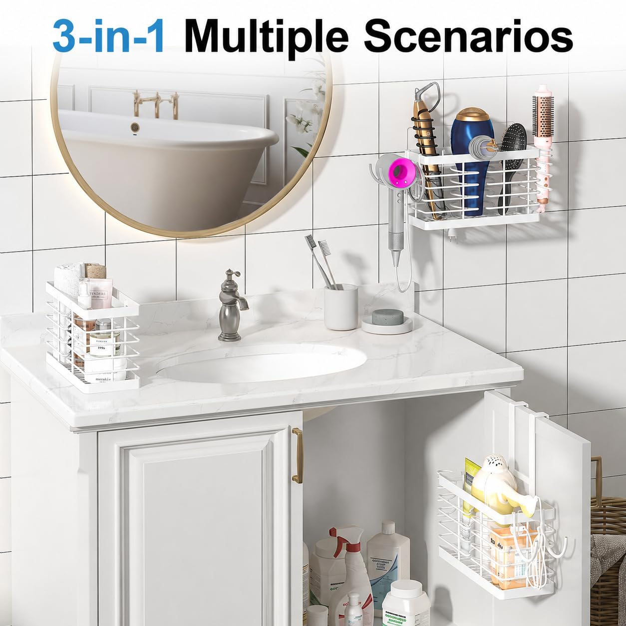 Sevenblue cesta con tres compartimentos separando secador y plancha