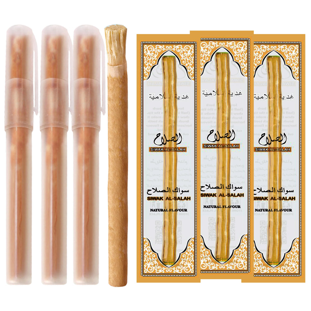 SEWAK AL HARAM pack frontal mostrando 3 siwak y 3 holder, práctico y natural