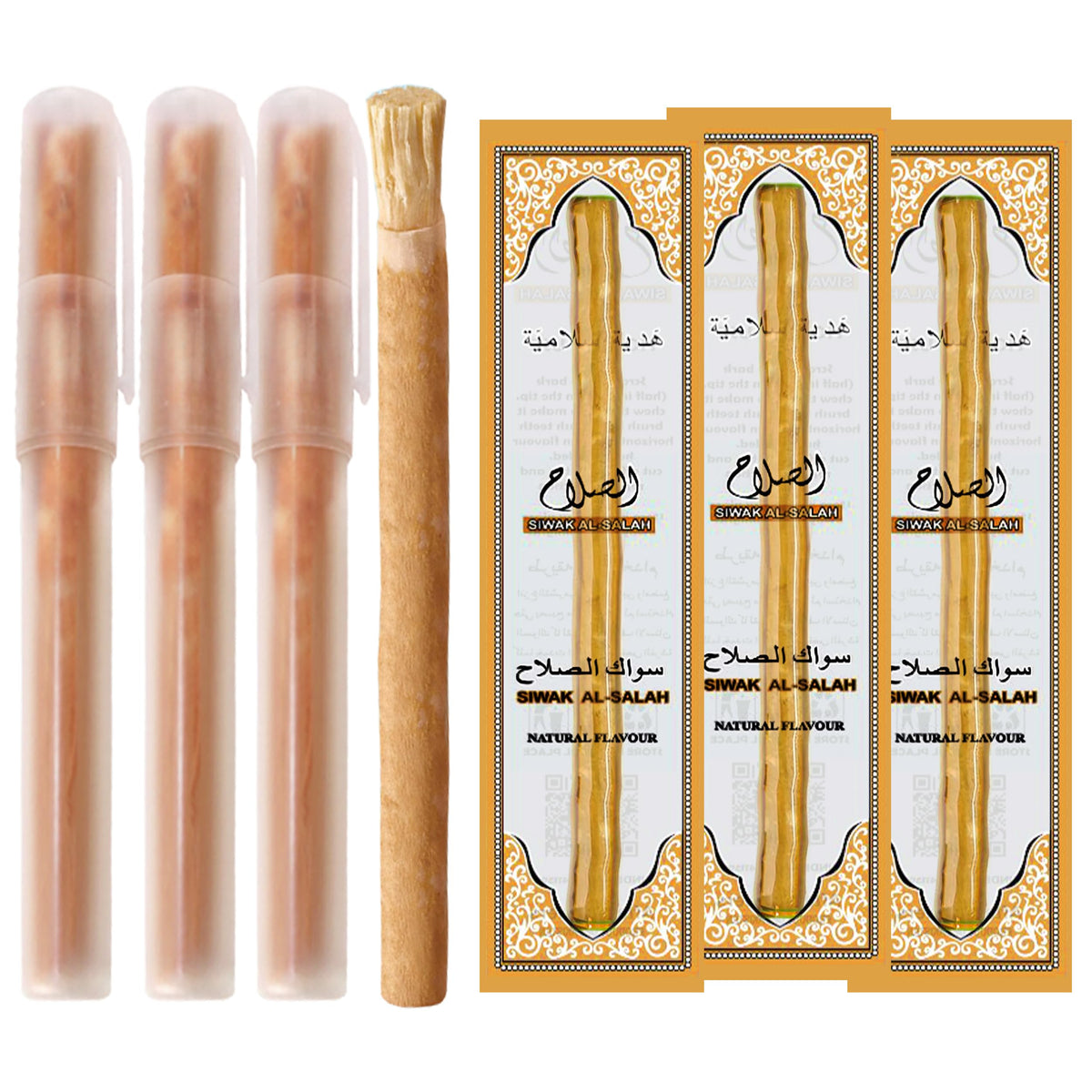 SEWAK AL HARAM pack frontal mostrando 3 siwak y 3 holder, práctico y natural