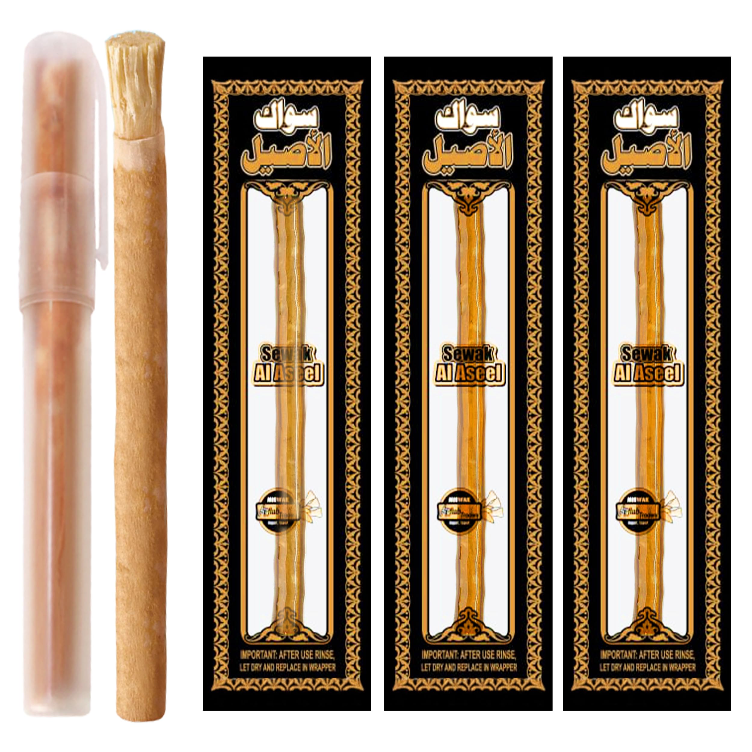 SEWAK AL HARAM miswak pack frontal mostrando tres palitos y soporte, opción ecológica