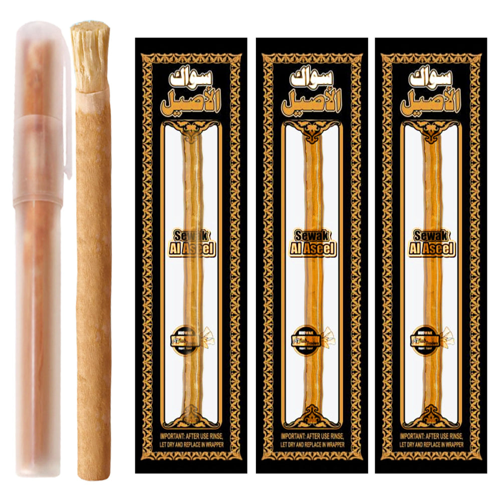 SEWAK AL HARAM miswak pack frontal mostrando tres palitos y soporte, opción ecológica