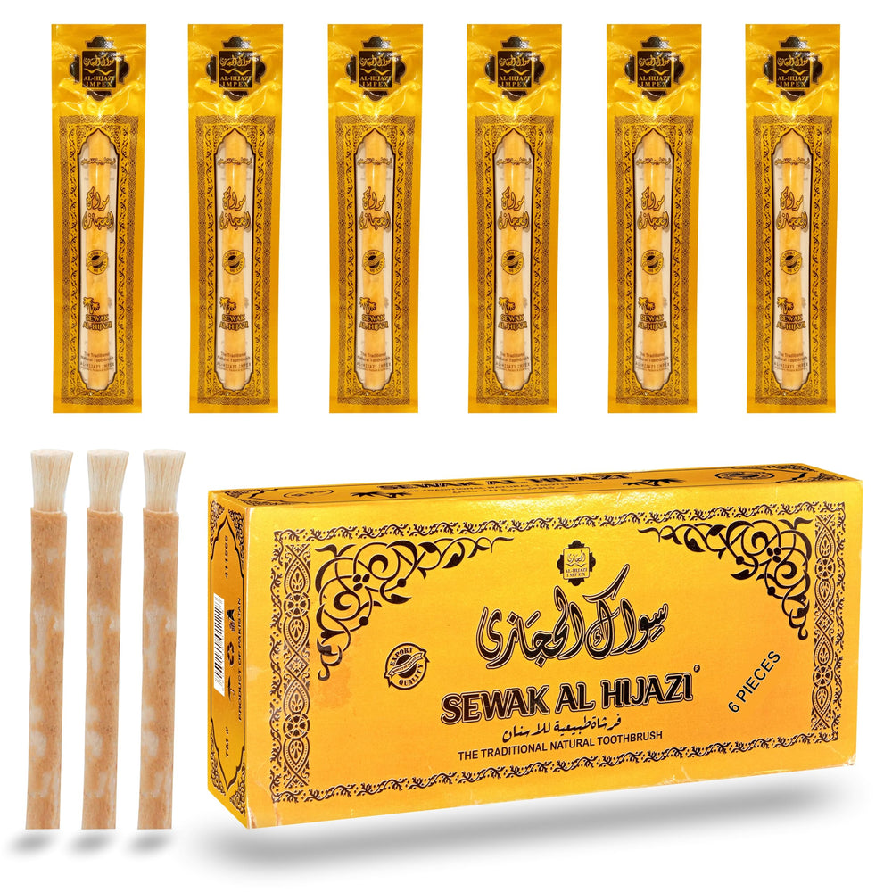 Sewak Al Hijazi empaque frontal que muestra seis miswak, práctico y portátil