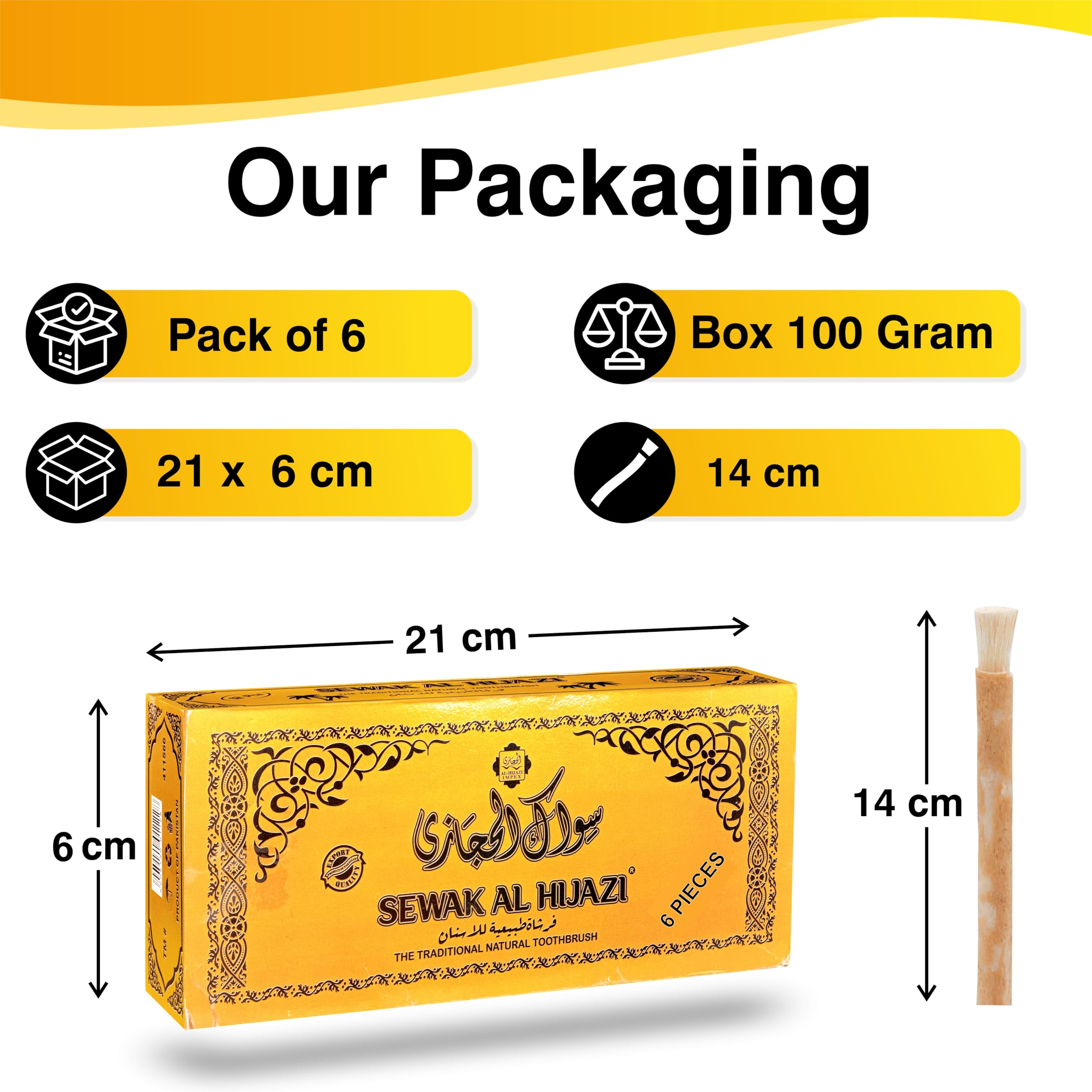 Sewak Al Hijazi miswak en mano para comparar tamaño, fácil transporte