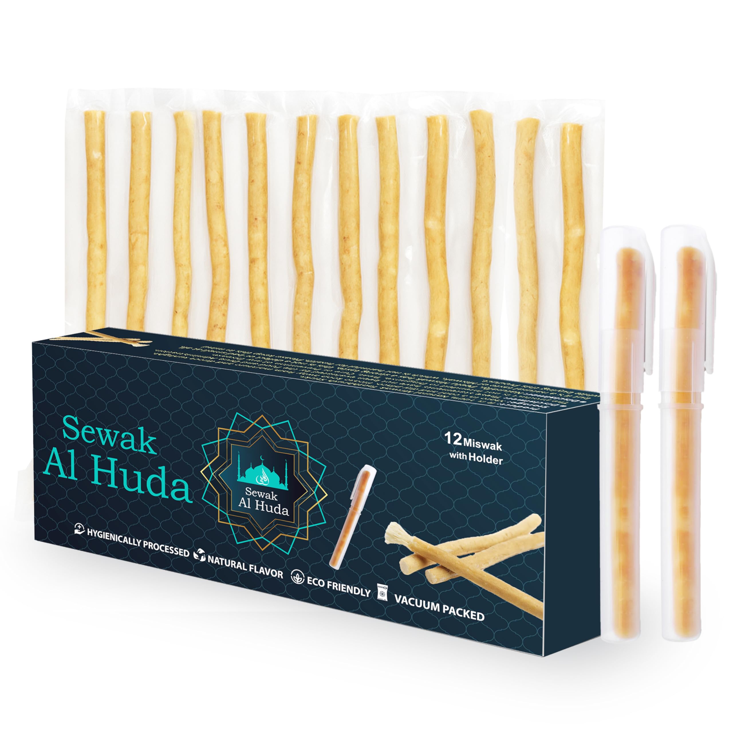 Sewak Al Huda paquete frontal mostrando 12 palos para higiene natural