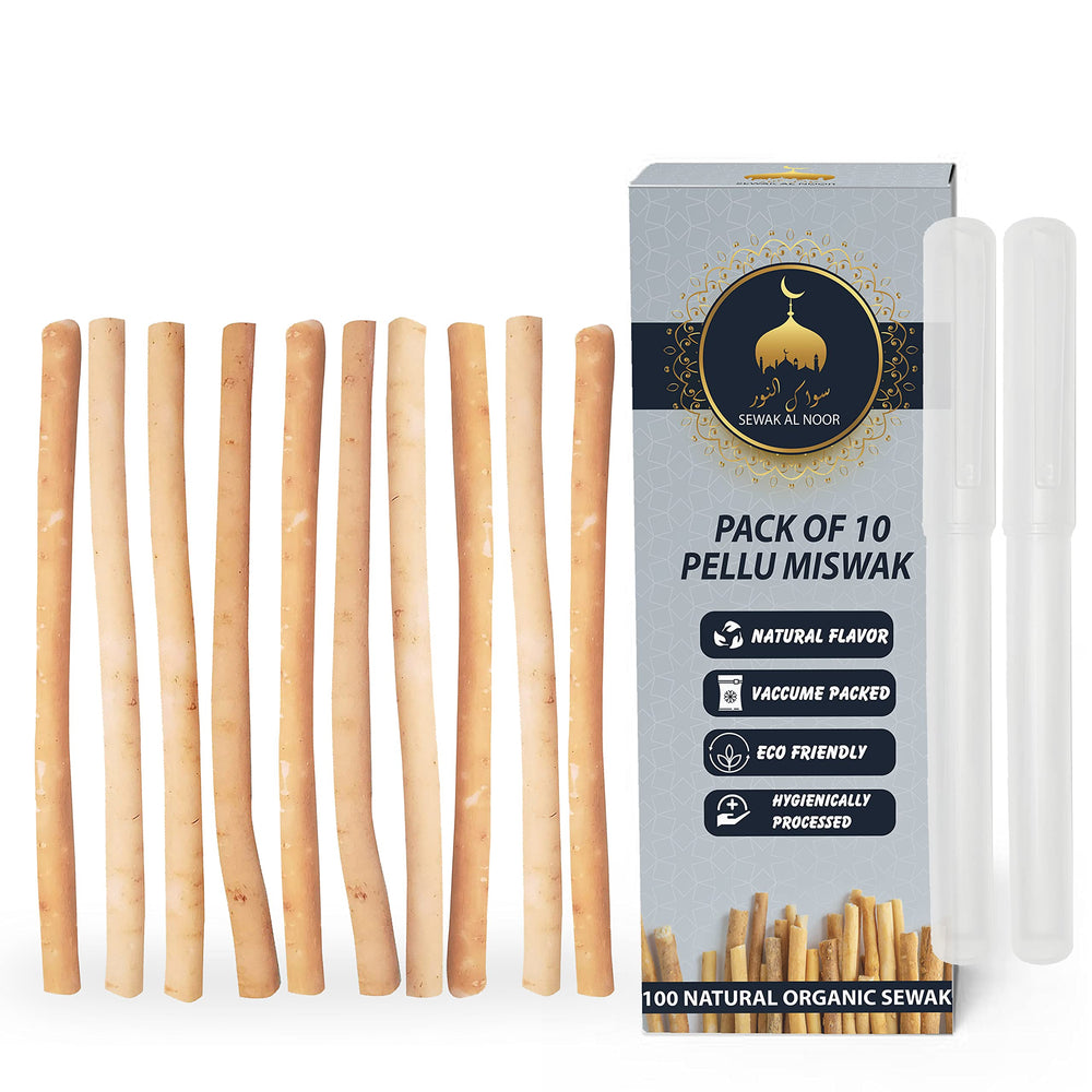 Sewak Al Noor empaque frontal mostrando pack de 10 y porta-miswak, práctico y fresco