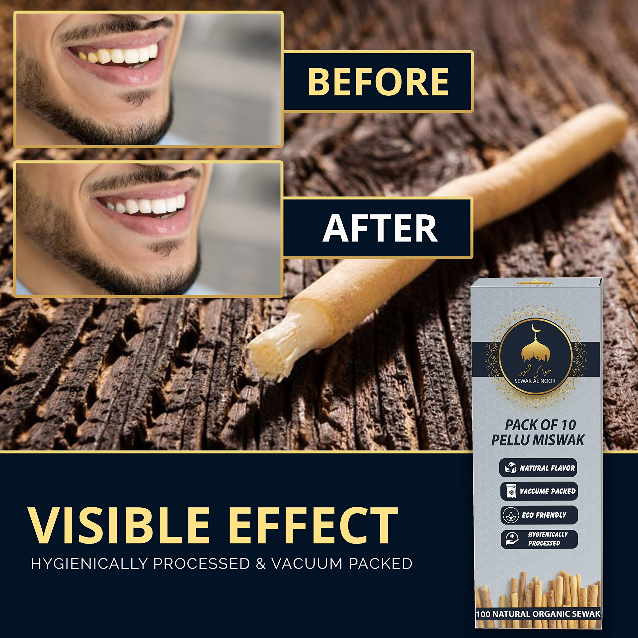 Sewak Al Noor miswak en uso frotando dientes para limpieza natural y aliento fresco