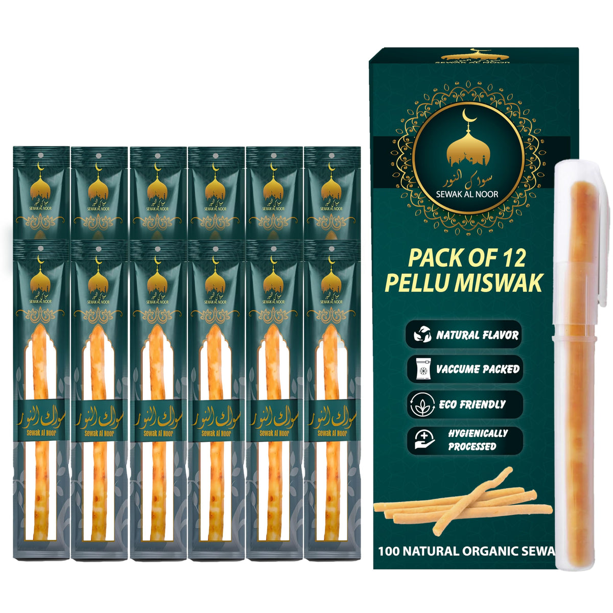 SEWAK AL NOOR envase frontal mostrando pack de 12, conservación y conveniencia