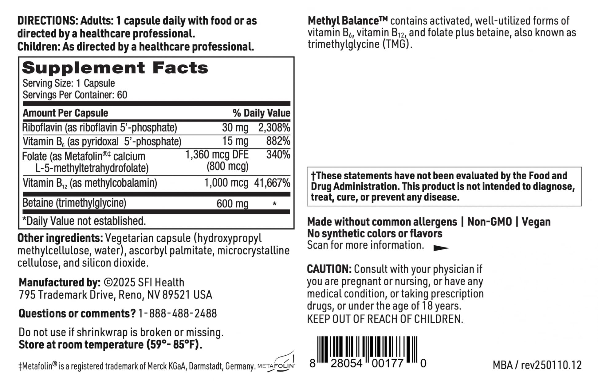 SFI Health Klaire Labs etiqueta con ingredientes activos y aporte