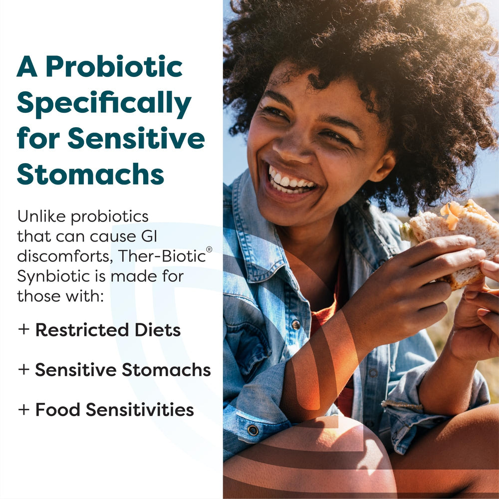 Etiqueta de Ther-Biotic Synbiotic mostrando ingredientes y ventajas para la microbiota