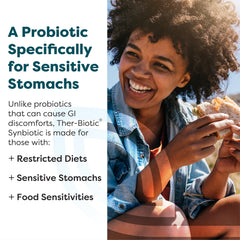 Etiqueta de Ther-Biotic Synbiotic mostrando ingredientes y ventajas para la microbiota