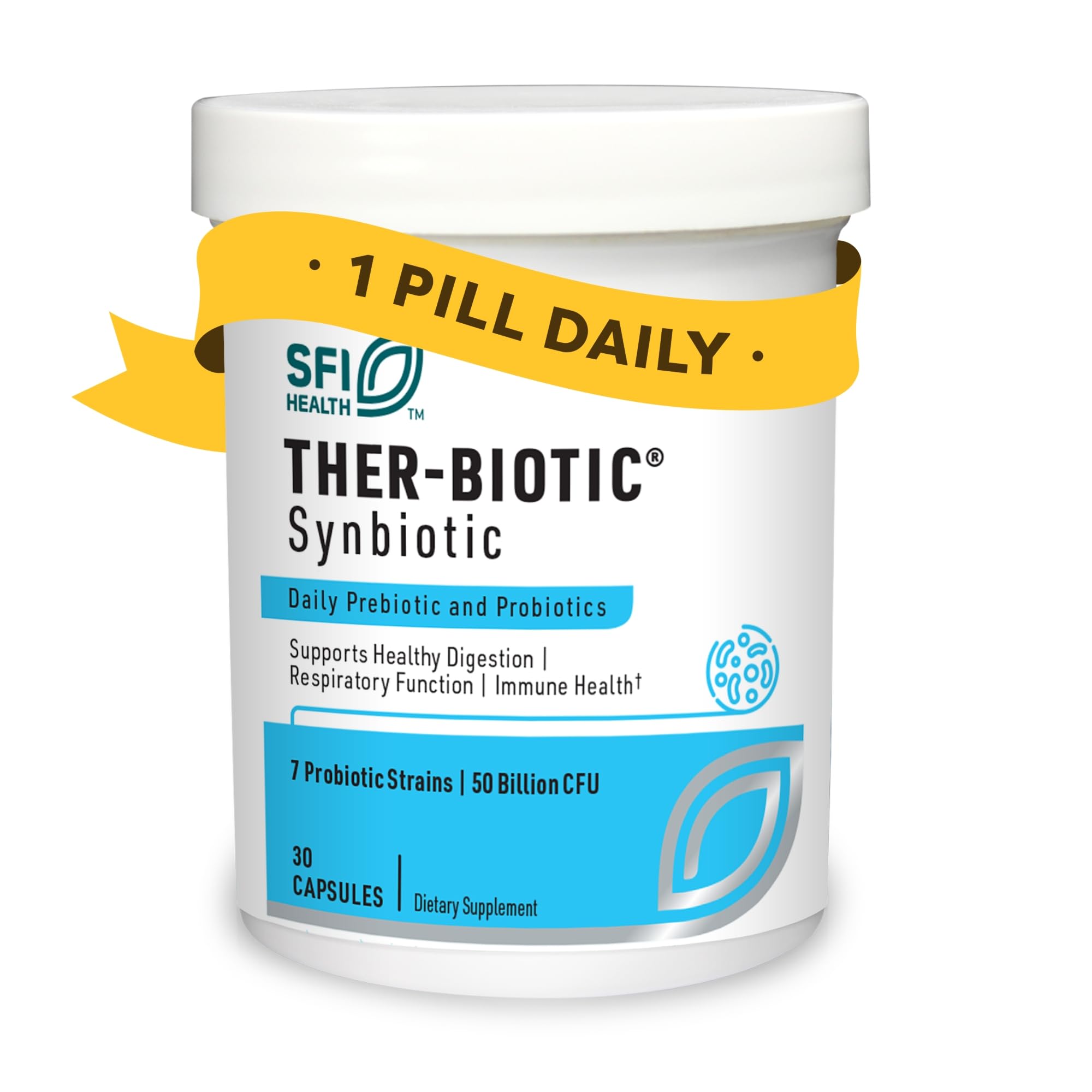 SFI Health frasco Ther-Biotic Synbiotic frente mostrando diseño y beneficio de soporte digestivo