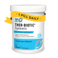 SFI Health frasco Ther-Biotic Synbiotic frente mostrando diseño y beneficio de soporte digestivo