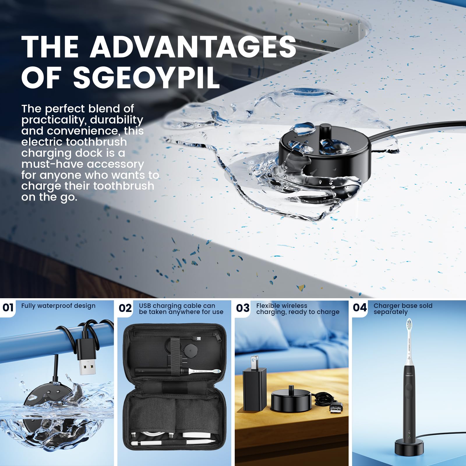 SGEOYPIL base en uso con cepillo Sonicare colocado, carga segura inmediata