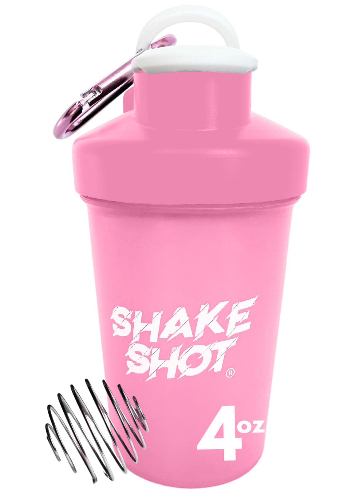Shake Shot frontal en color rosa mostrando la botella portátil y compacta con beneficio de conveniencia