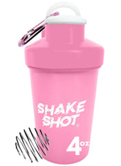 Shake Shot frontal en color rosa mostrando la botella portátil y compacta con beneficio de conveniencia