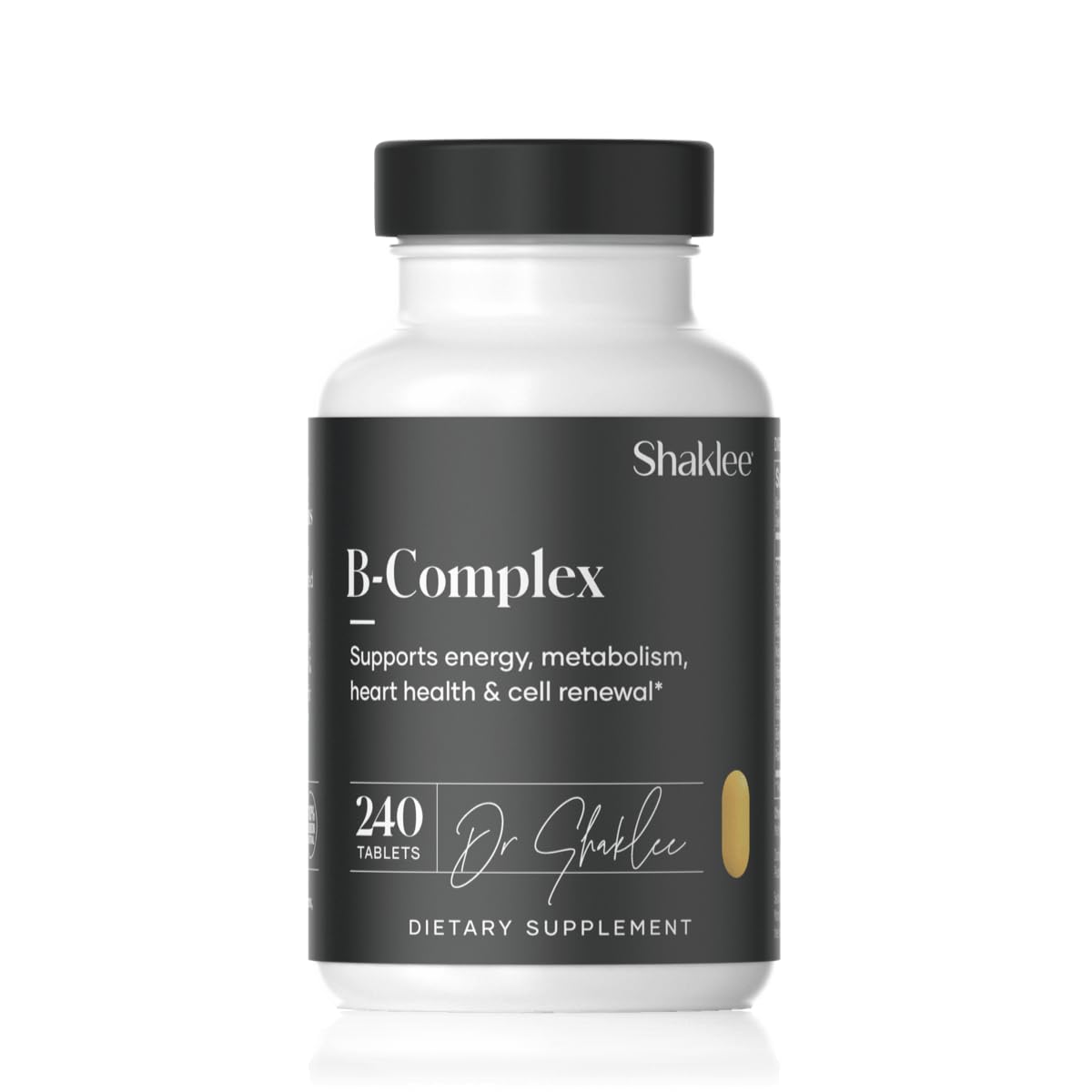 Shaklee B-Complex vista frontal del envase con 240 tabletas y ventaja de suministro prolongado
