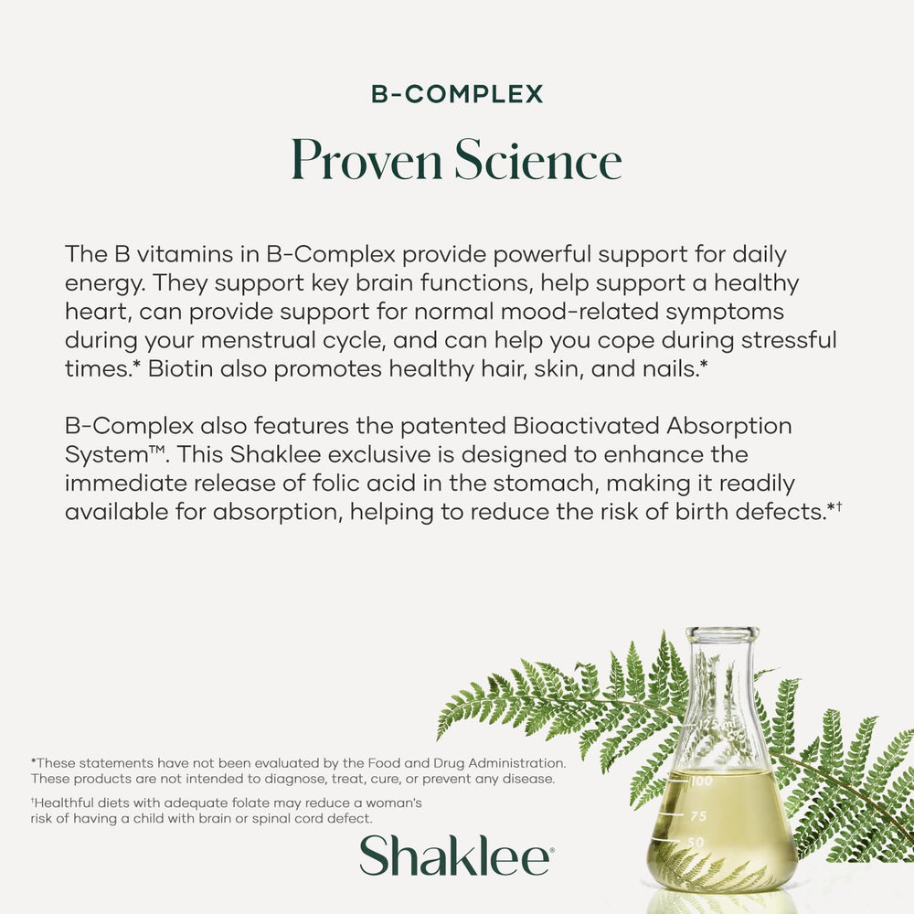 Shaklee B-Complex ingredientes destacados en texto e íconos que enfatizan formas bioactivas