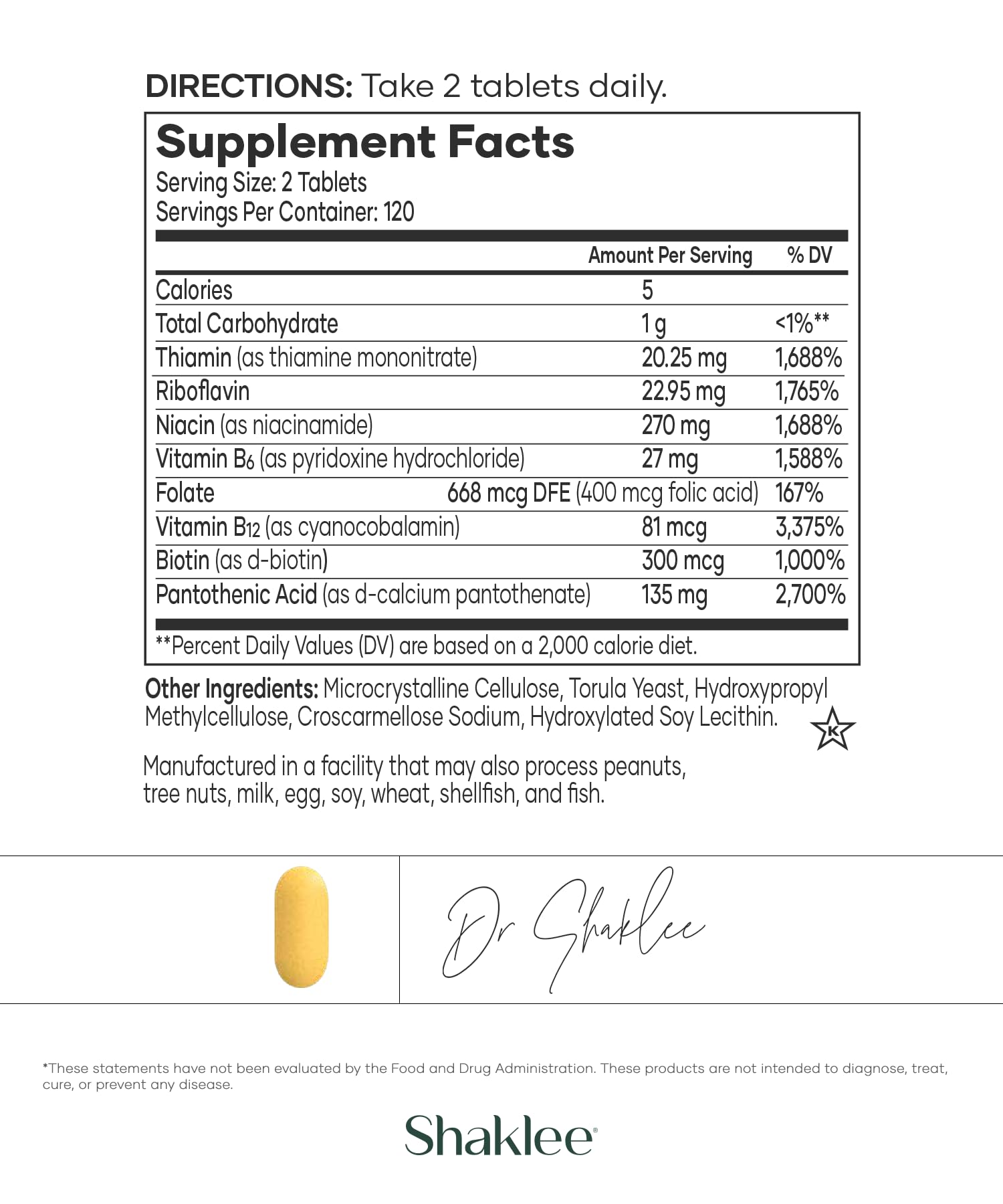 Shaklee B-Complex varias tabletas sueltas que ilustran la cantidad por dosis y almacenamiento práctico