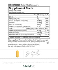 Shaklee B-Complex varias tabletas sueltas que ilustran la cantidad por dosis y almacenamiento práctico