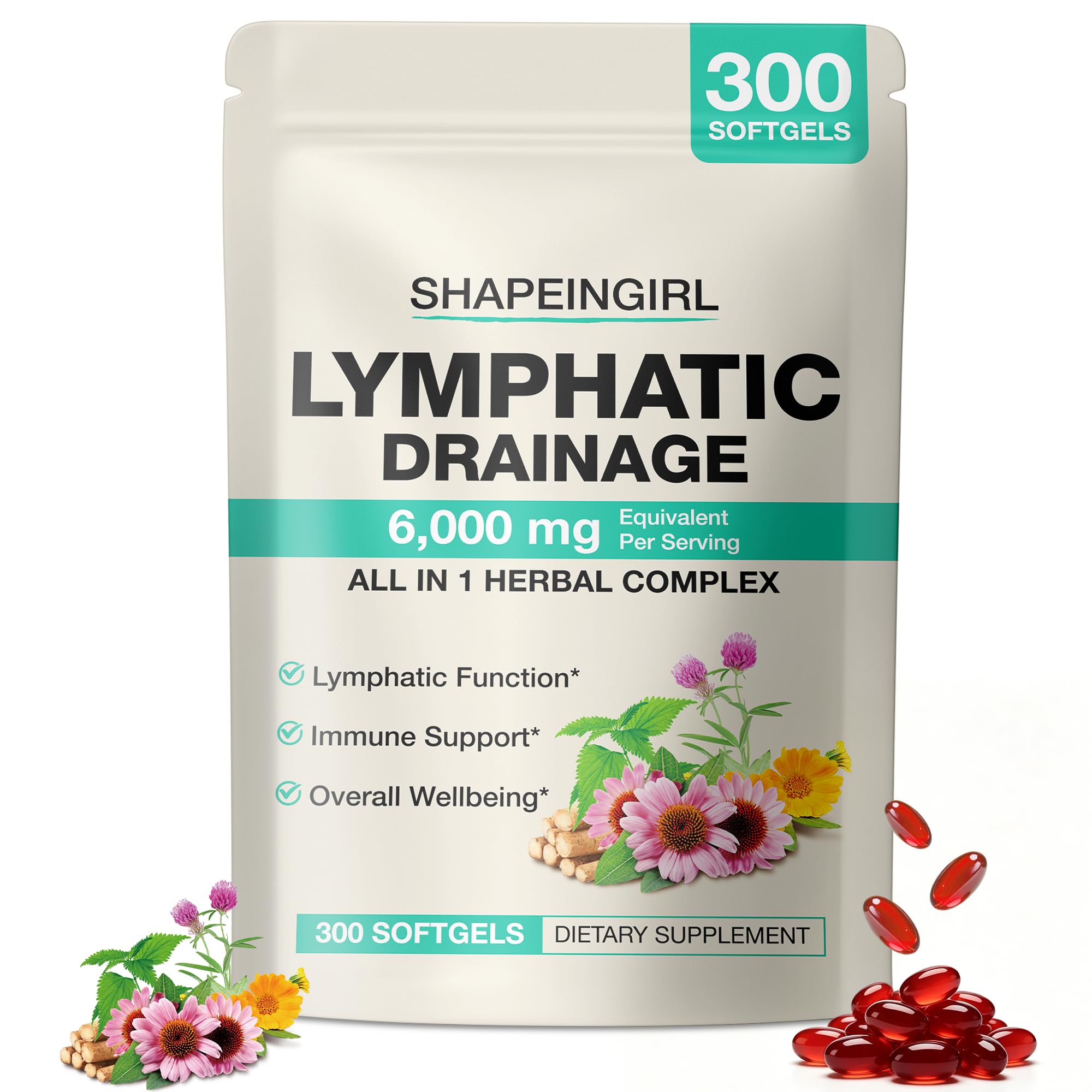 Frasco SHAPEINGIRL Lymphatic Drainage frente, presentación de 300 softgels y beneficio de suministro mensual