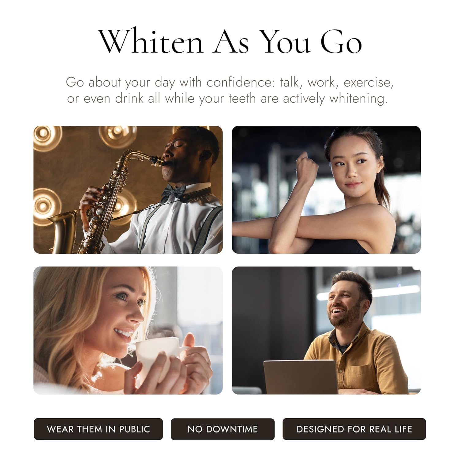 Sheer White! empaque abierto con tiras visibles, muestra el contenido del kit