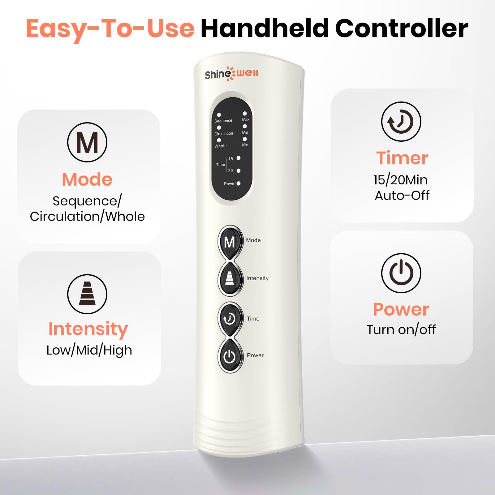 SHINE WELL controlador manual con botones para modos, intensidad y temporizador