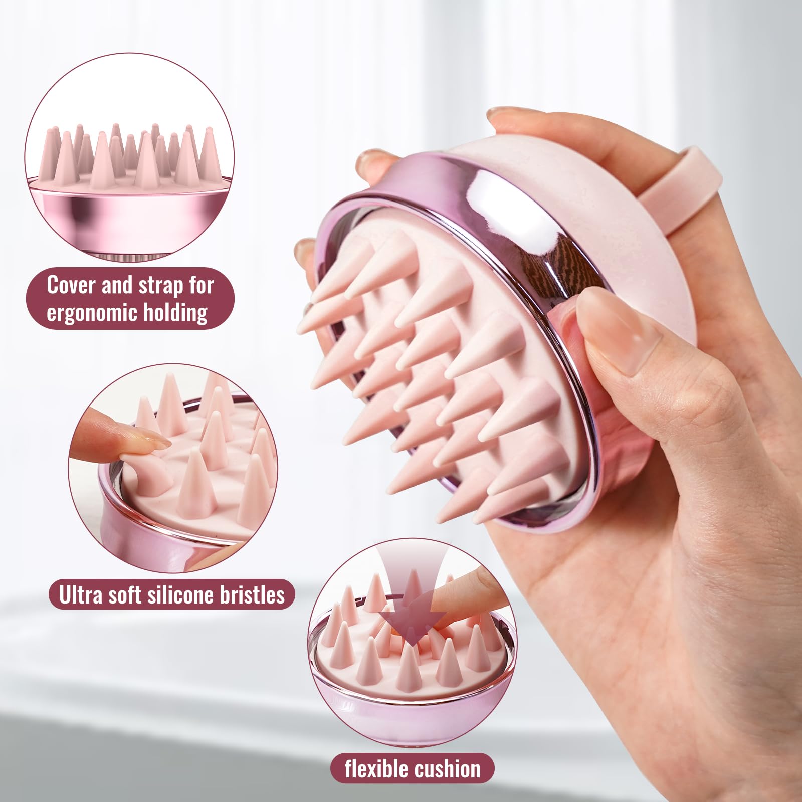 SHINLEA cepillo en uso en la ducha distribuyendo champú y masajeando cuero cabelludo