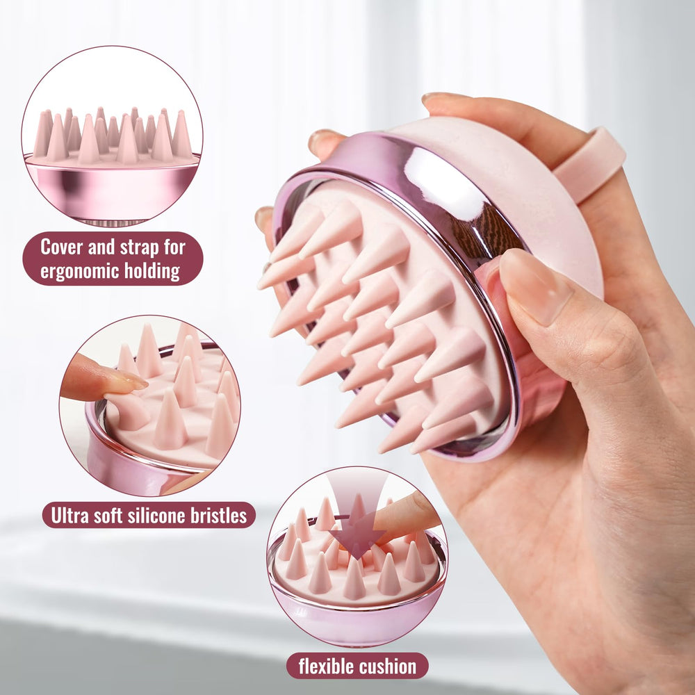 SHINLEA cepillo en uso en la ducha distribuyendo champú y masajeando cuero cabelludo