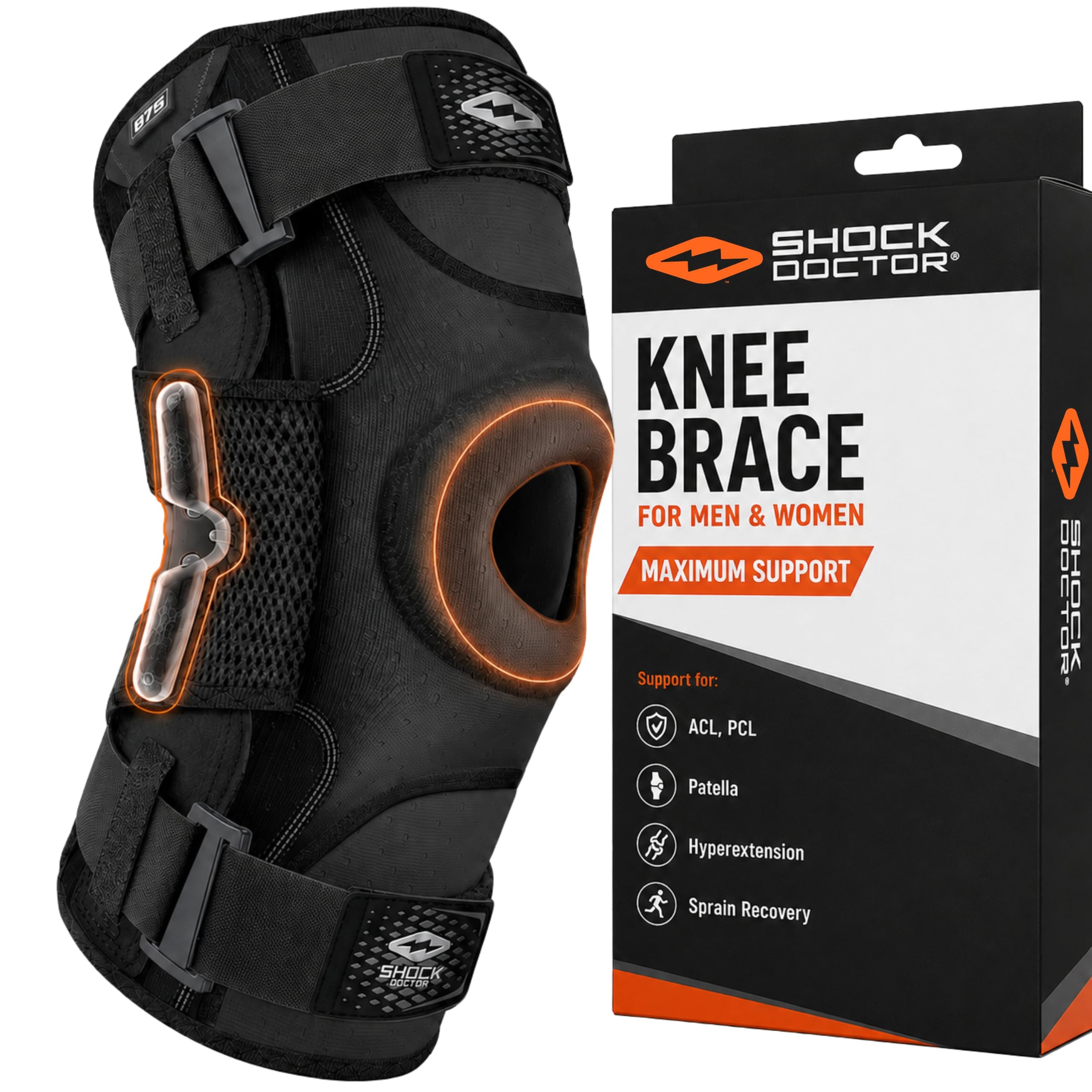 Shock Doctor empaque frontal mostrando la rodillera y soporte visible