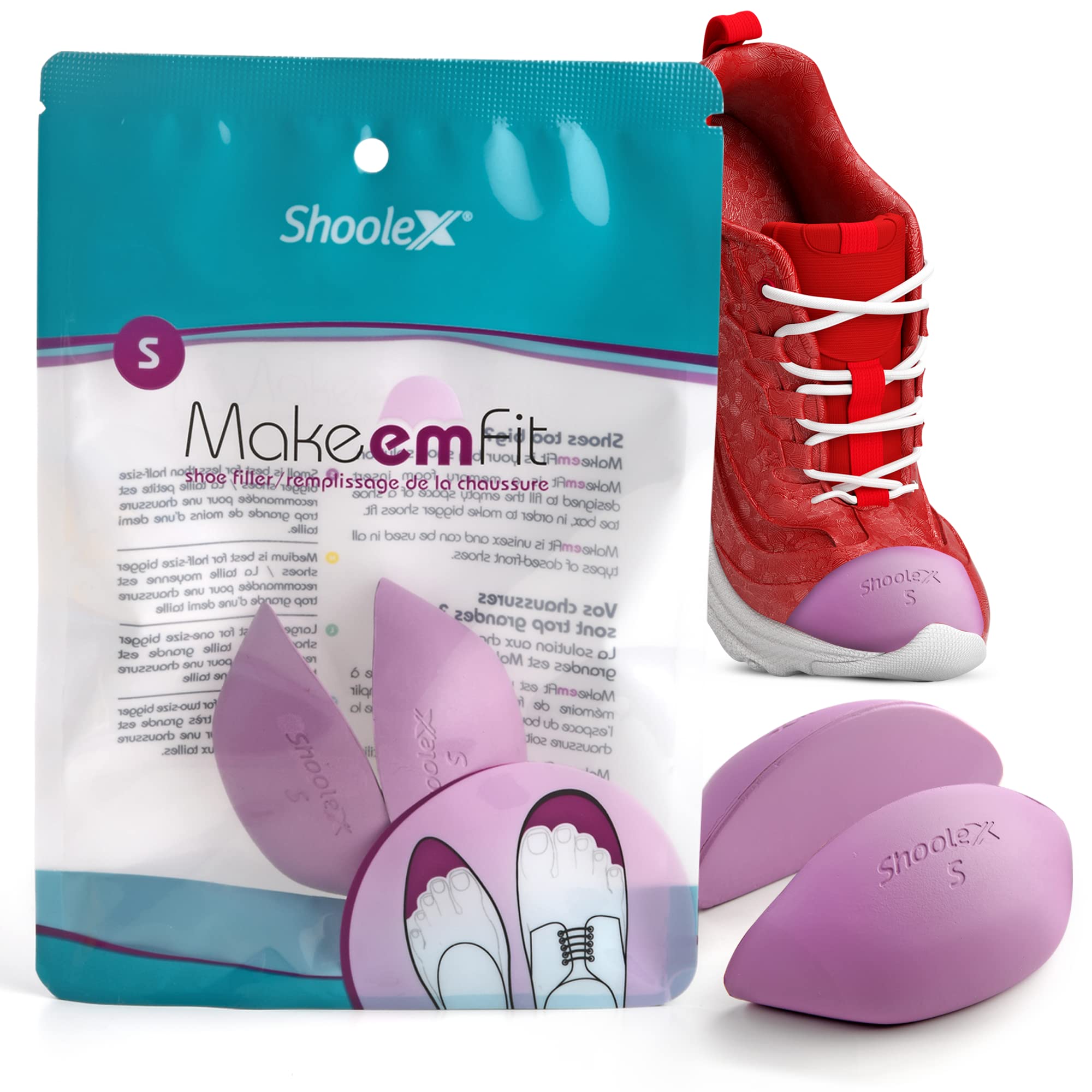 Shoolex empaque frontal mostrando el producto y ajuste inmediato