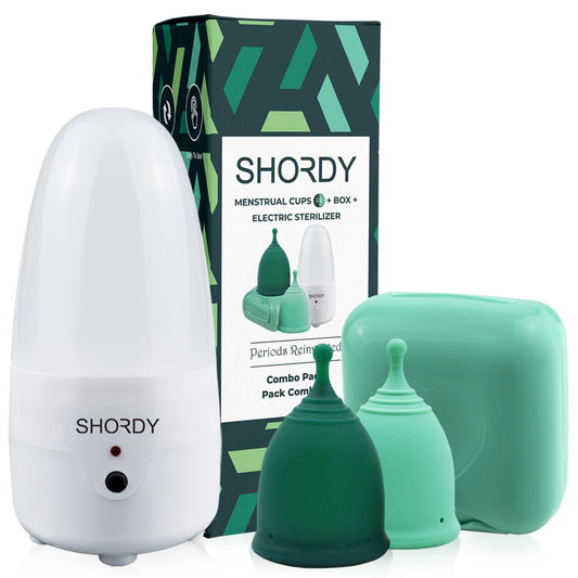 SHORDY frontal del kit mostrando copas y esterilizador, higiene práctica