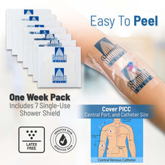 Shower Shield colocado en brazo protegiendo catéter y manteniendo vendaje seco