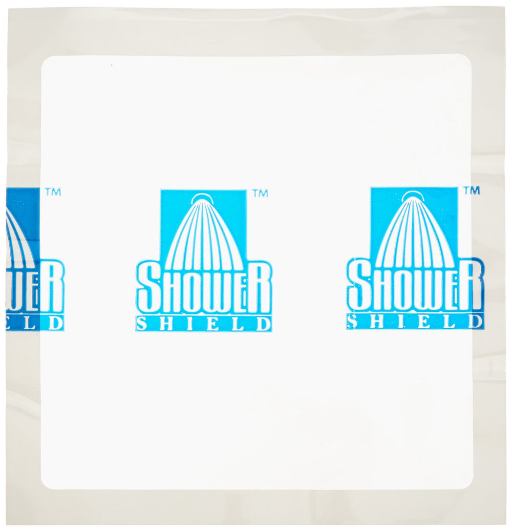 Shower Shield empaque frontal mostrando tamaño 9x9 y beneficio impermeable