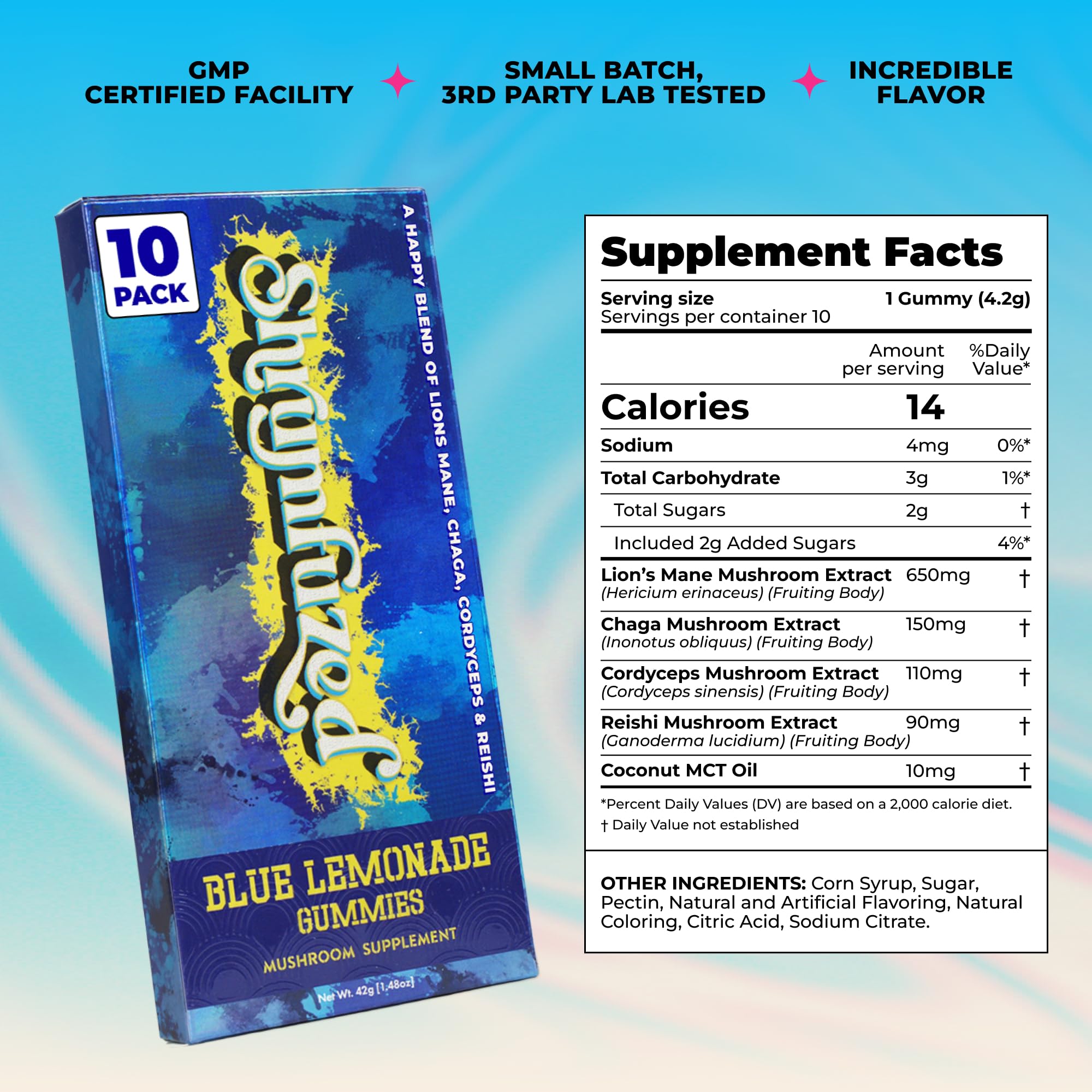 Etiqueta Shrumfuzed con lista de ingredientes y sello de pruebas de laboratorio