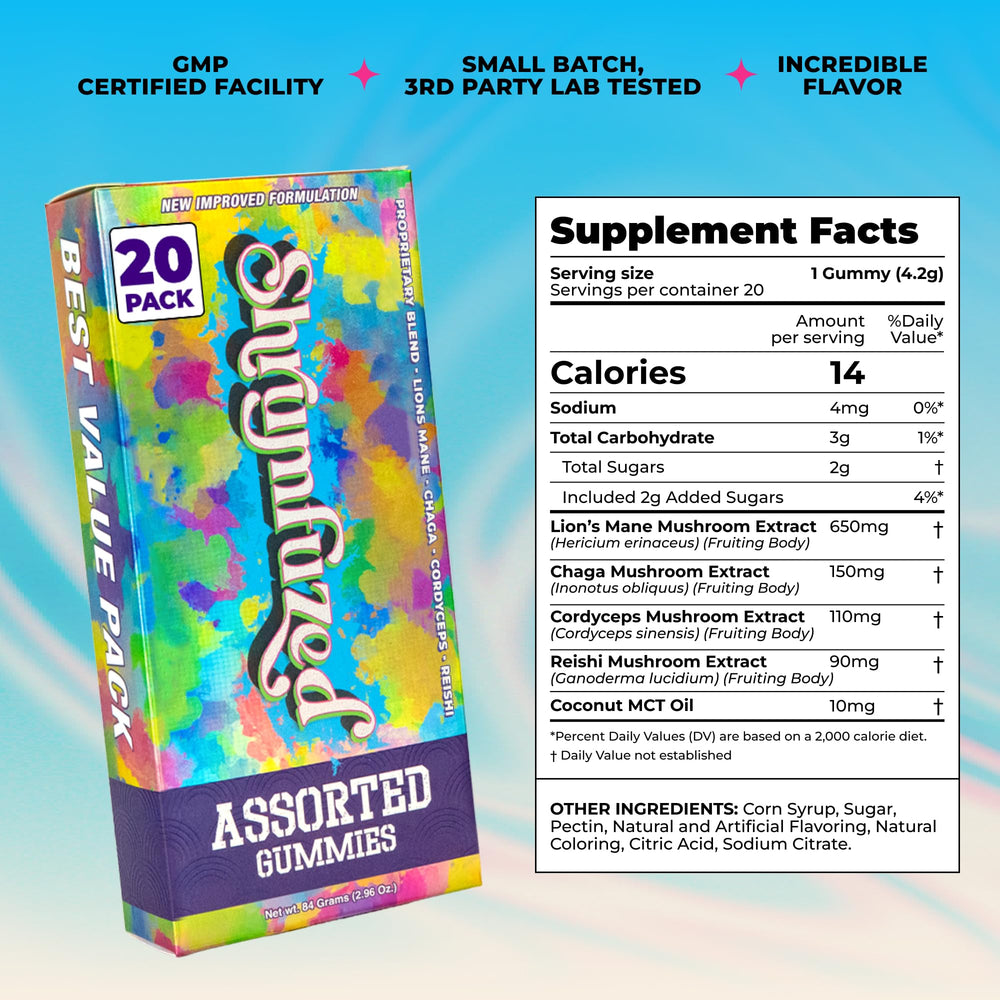 Shrumfuzed etiqueta con lista de ingredientes y pruebas de lote