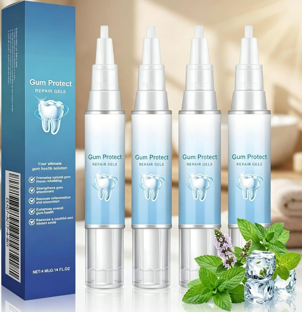 ShuSinki frente del envase mostrando gel reparador para encías, cuidado preciso