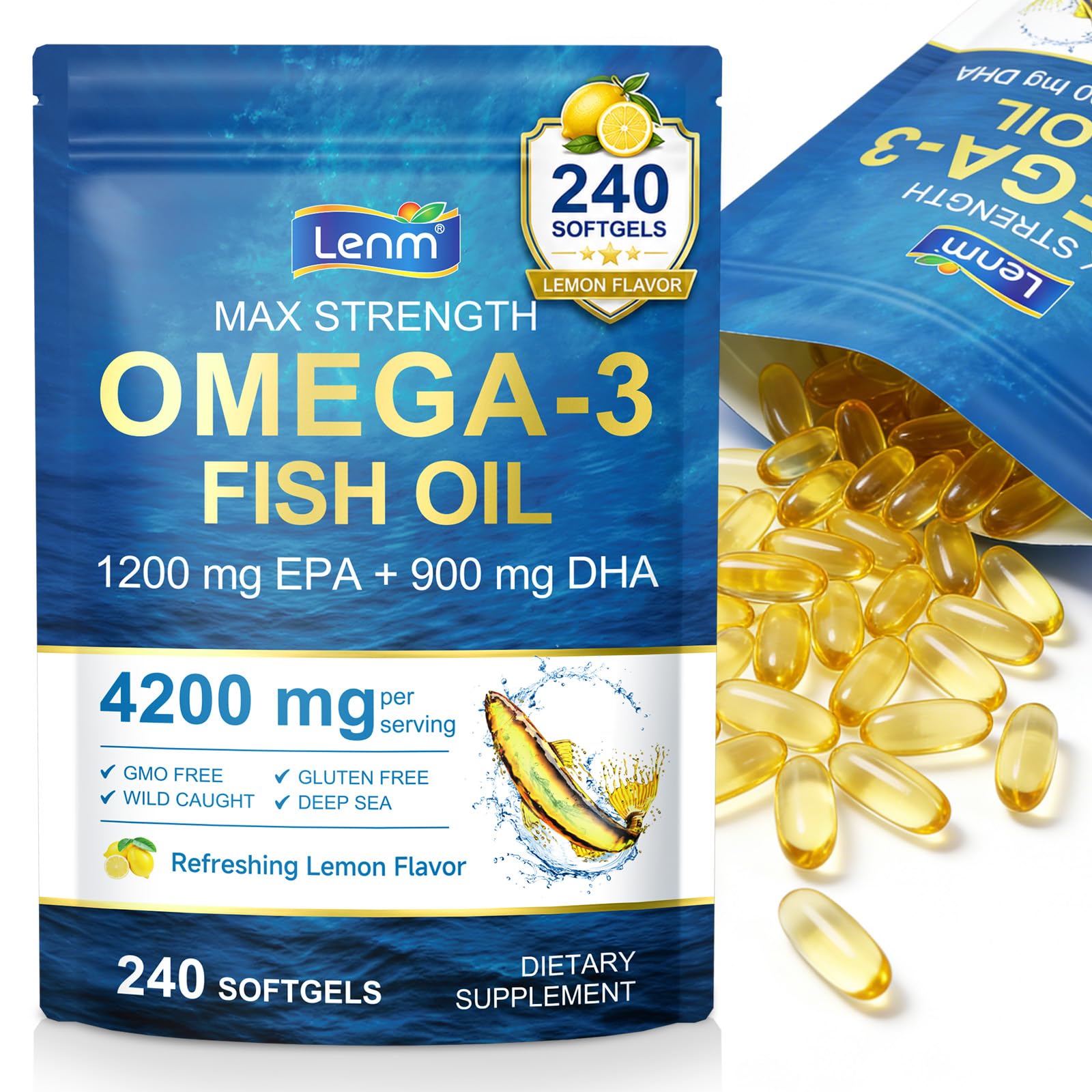 Envase shwdppmy Omega-3 Fish Oil limón mostrando diseño y cantidad 240 cápsulas, fácil identificación