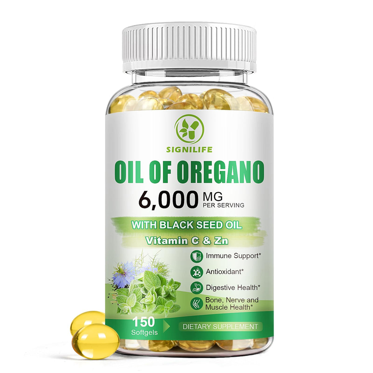 SIGNILIFE frasco frontal mostrando 150 softgels y beneficios claros