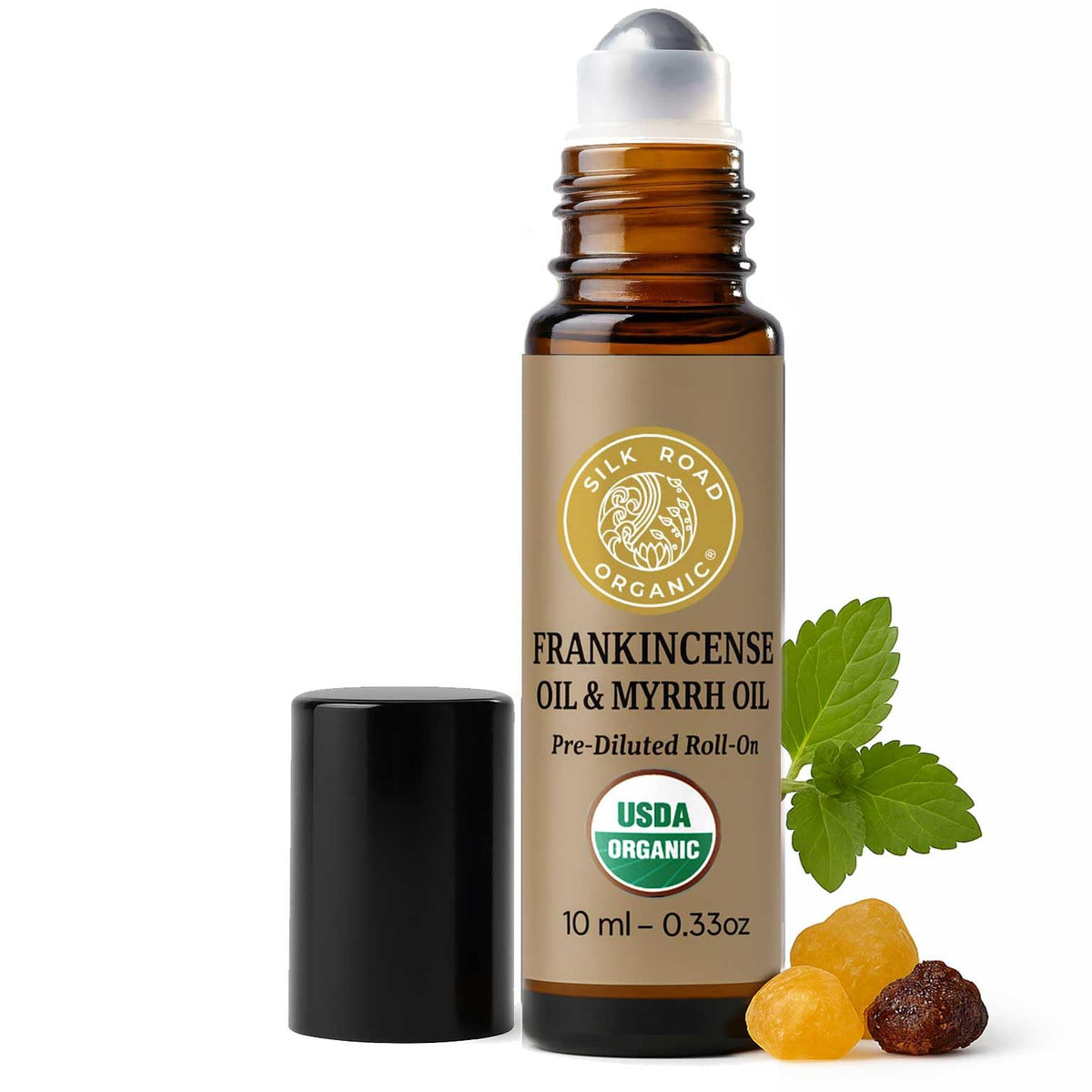 Silk Road Organic roll-on frontal mostrando envase compacto y aplicación fácil