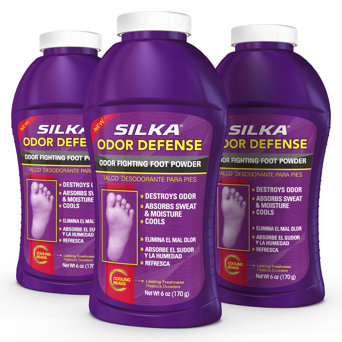 silka envase frontal del polvo para pies mostrando frescura y control de olor