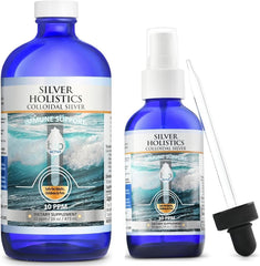 Silver Holistics paquete frontal mostrando spray y botella de recarga, ideal para almacenamiento seguro