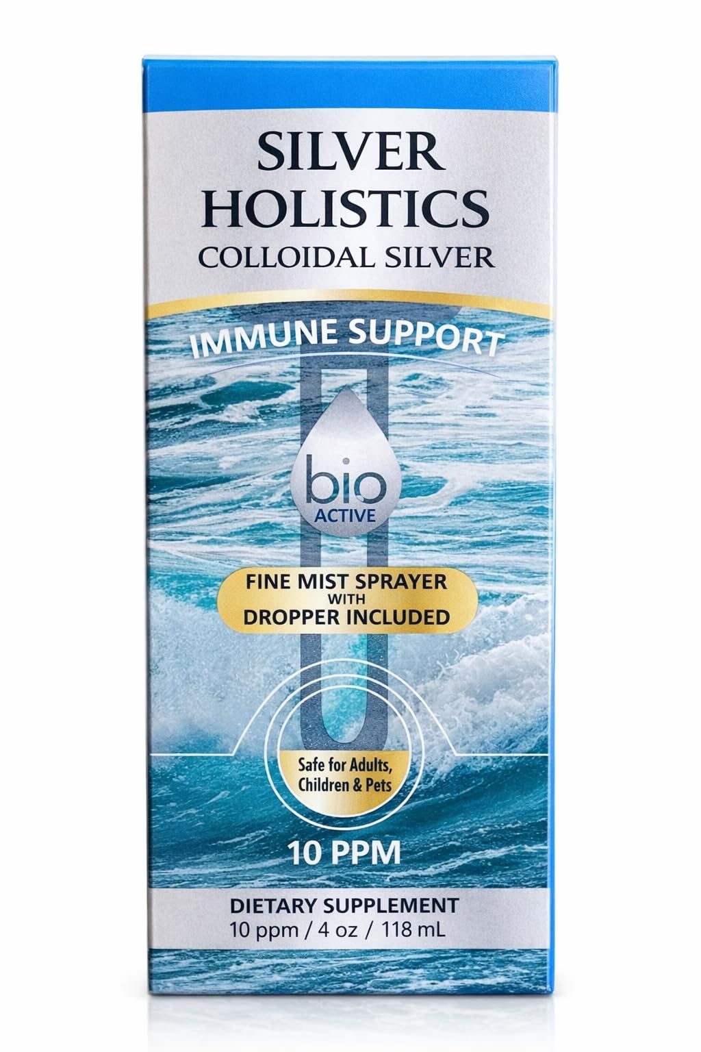 Silver Holistics solución cristalina al trasluz mostrando claridad y mezcla homogénea