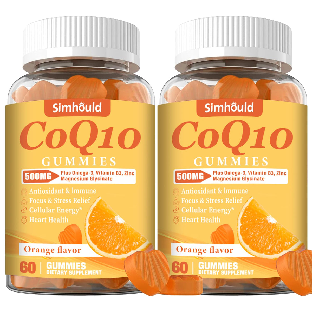 Simhould envase frontal de CoQ10 500 mg mostrando la presentación y beneficios