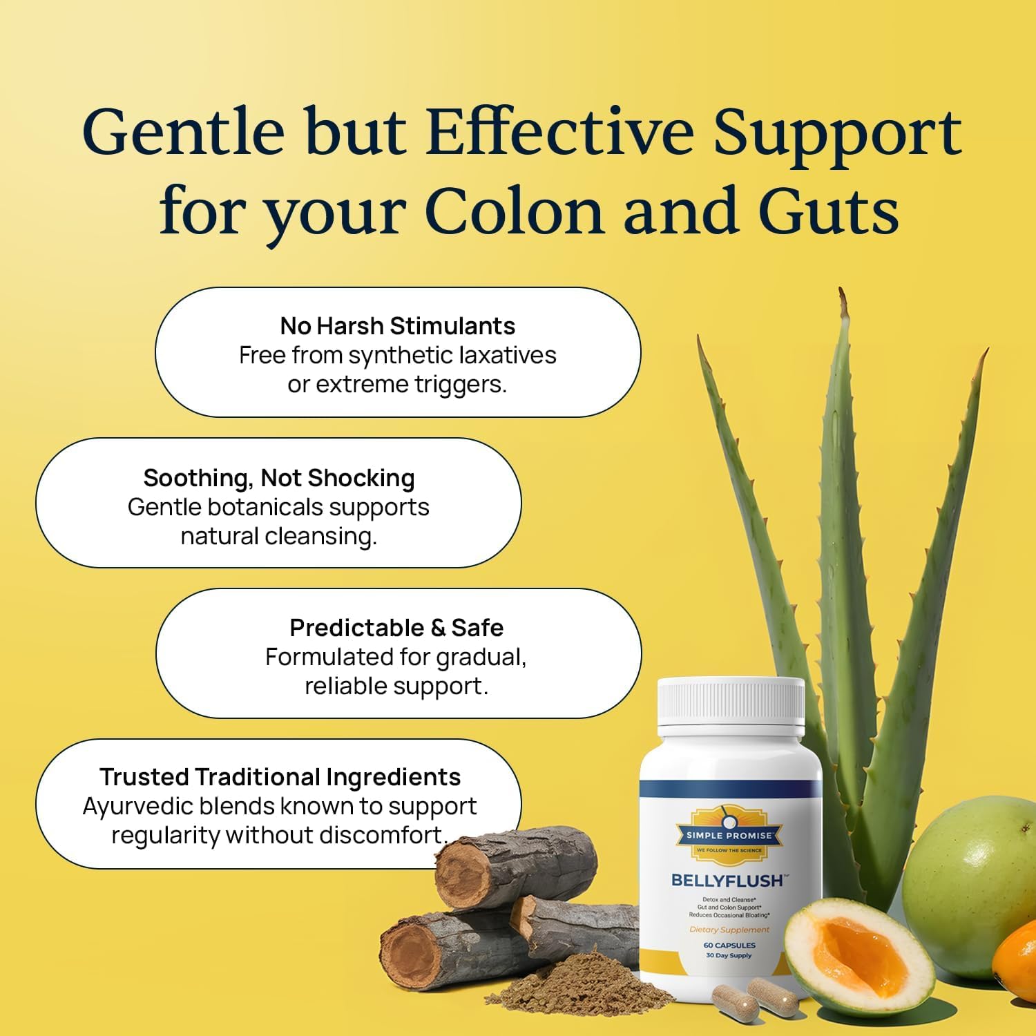 Etiqueta del envase BellyFlush Simple Promise con información de ingredientes