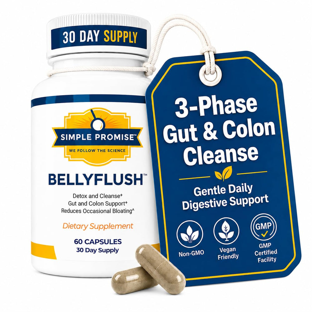 Simple Promise BellyFlush frente del envase mostrando la marca y beneficio de apoyo digestivo