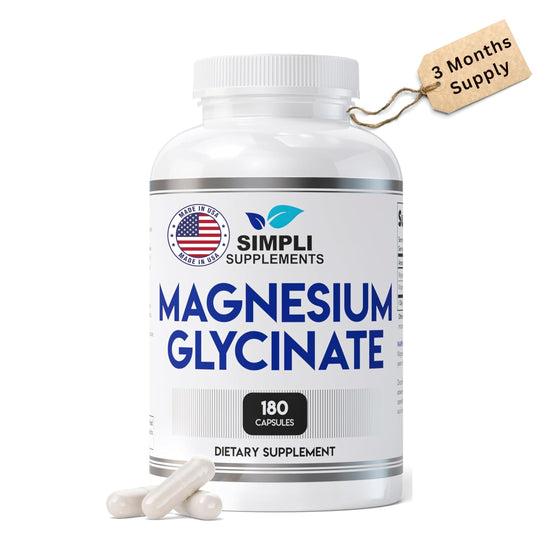 Frasco de Simpli Supplements Magnesio Glycinato 400 mg para soporte general.