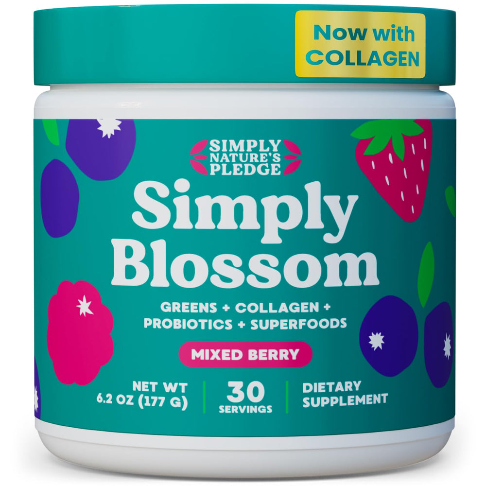 Simply Nature's Pledge frente del tarro mostrando etiqueta y beneficios